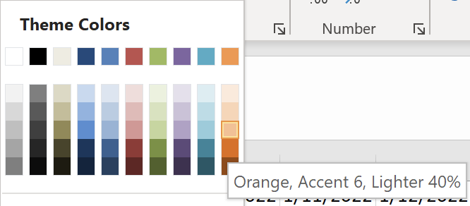 Excel color picker showing Accent 6 and 40% tint