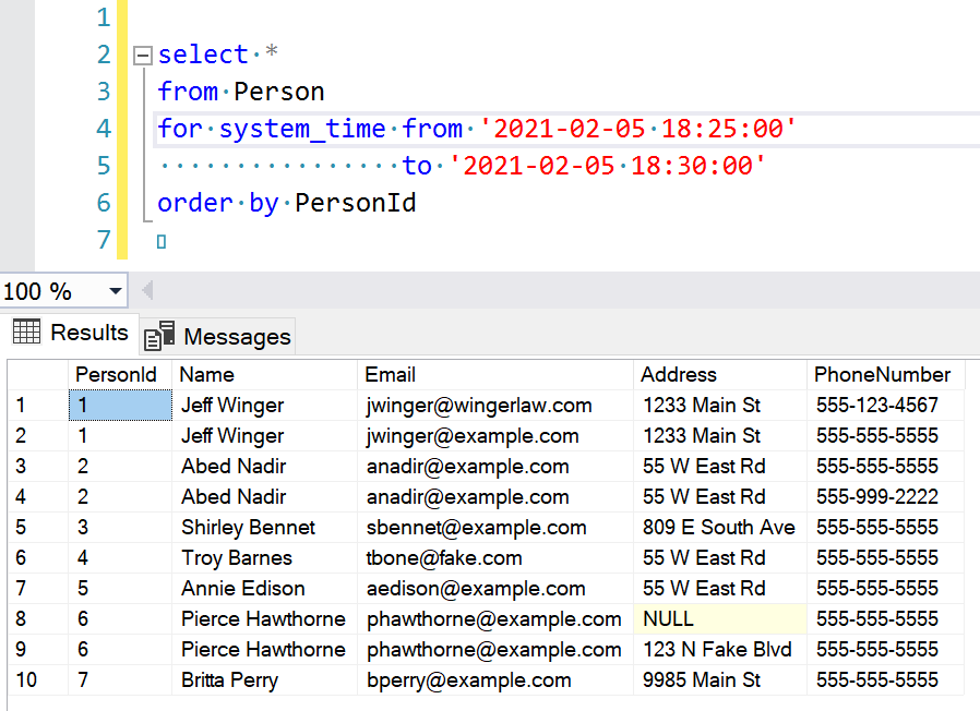 Screenshot showing the "from" query and results